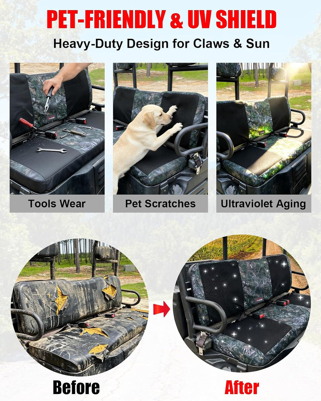 StarknightMT Camo Seat Covers Compatible with 2002-2008 Polaris Ranger 500 700 800, Full Set Water-Resistant Neoprene UTV Bench Protector Against Pet Scratches and Sun