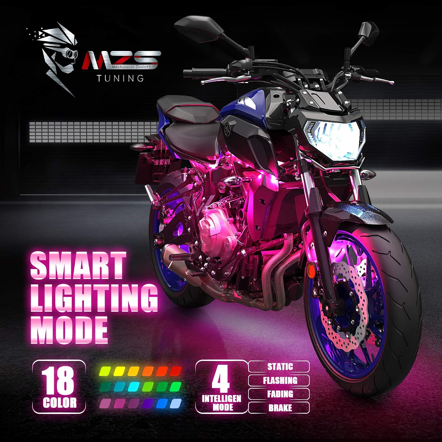 MZS 8Pcs Motorcycle LED Light Kit, Multi-Color Neon RGB Strips LED Underglow kit Compatible with ATVs UTVs Cruiser Trikes Golf Carts Most Family Motorcycle, Pack of 8