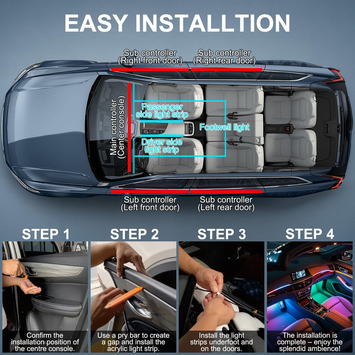 dreamcolor acrylic interior car led strip lights, 10 showing dimensions