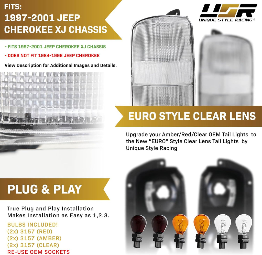 USR 97-01 Cherokee XJ Tail Light – Rear Tail Lamps Assembly (Left + Right) Pair - Compatible with 1997-2001 Jeep Cherokee XJ SUV All Models/Trims (ALL CLEAR LENS TAIL LIGHTS with x6 BULBS)