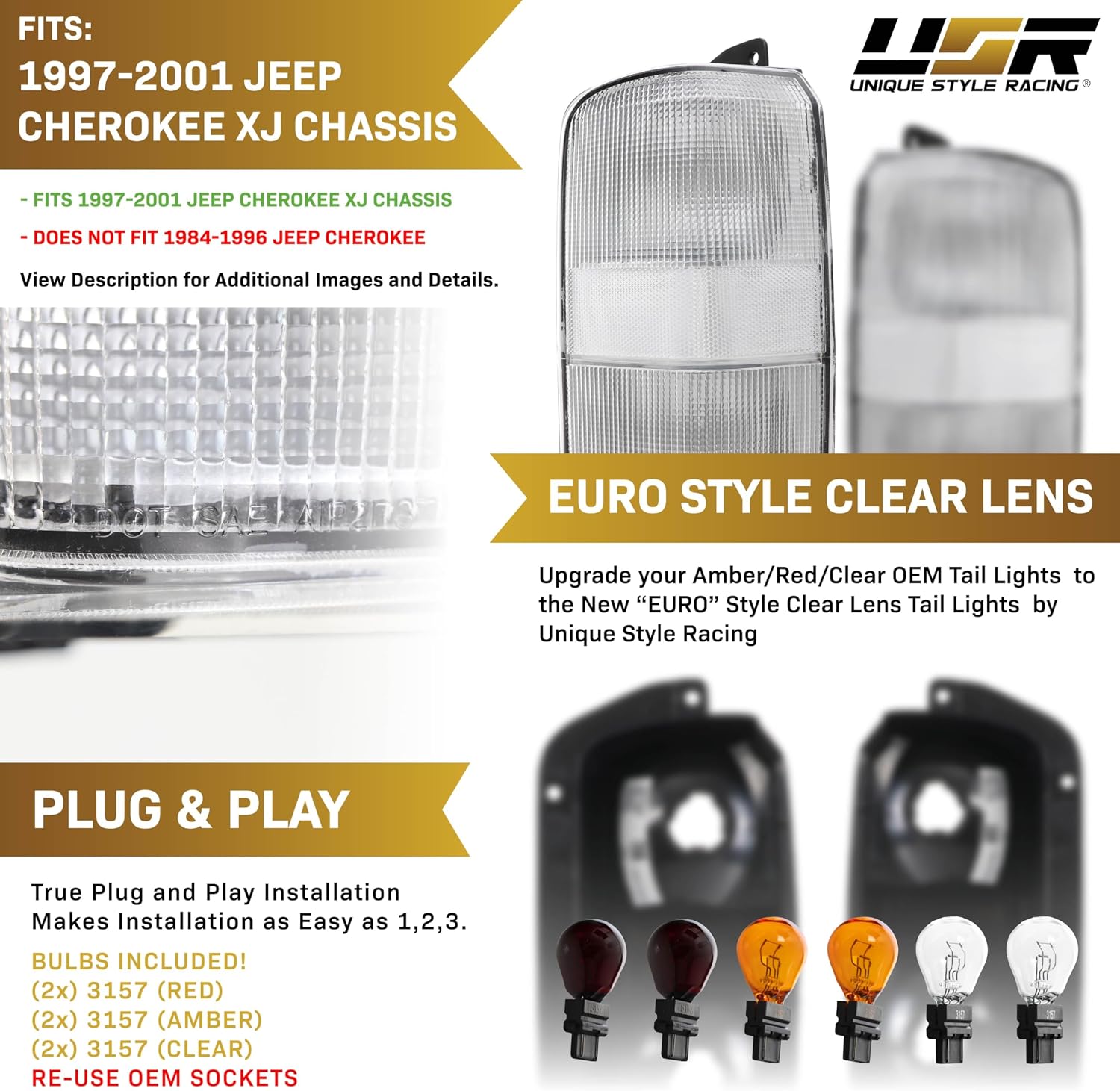USR 97-01 Cherokee XJ Tail Light – Rear Tail Lamps Assembly (Left + Right) Pair - Compatible with 1997-2001 Jeep Cherokee XJ SUV All Models/Trims (ALL CLEAR LENS TAIL LIGHTS with x6 BULBS)