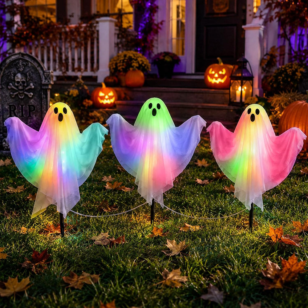 3 Pcs Halloween Lighted Ghost Stakes with Remote Control & Timer, 17.7 in...
