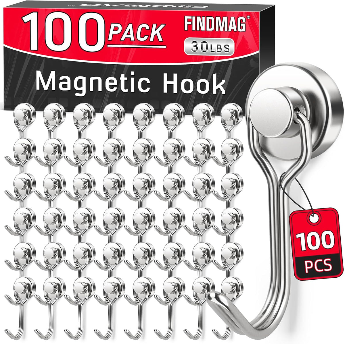 FINDMAG 100 Pack Magnetic Hooks, 30lbs+ Magnetic Hooks