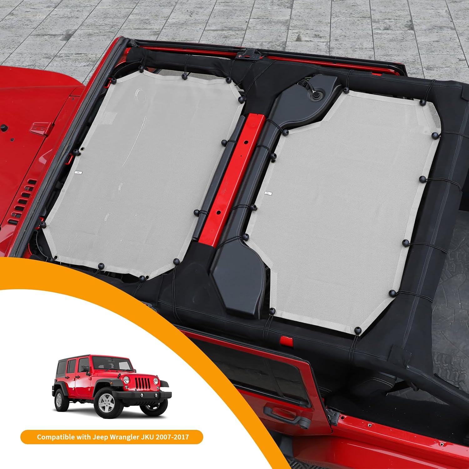Hoolcar Front & Rear Sun Shade Mesh for Jeep Wrangler JK Unlimited (2007-2017) 4 Doors - American Flag Sunshade Screen JKU Top Cover UV Blocker, Grey