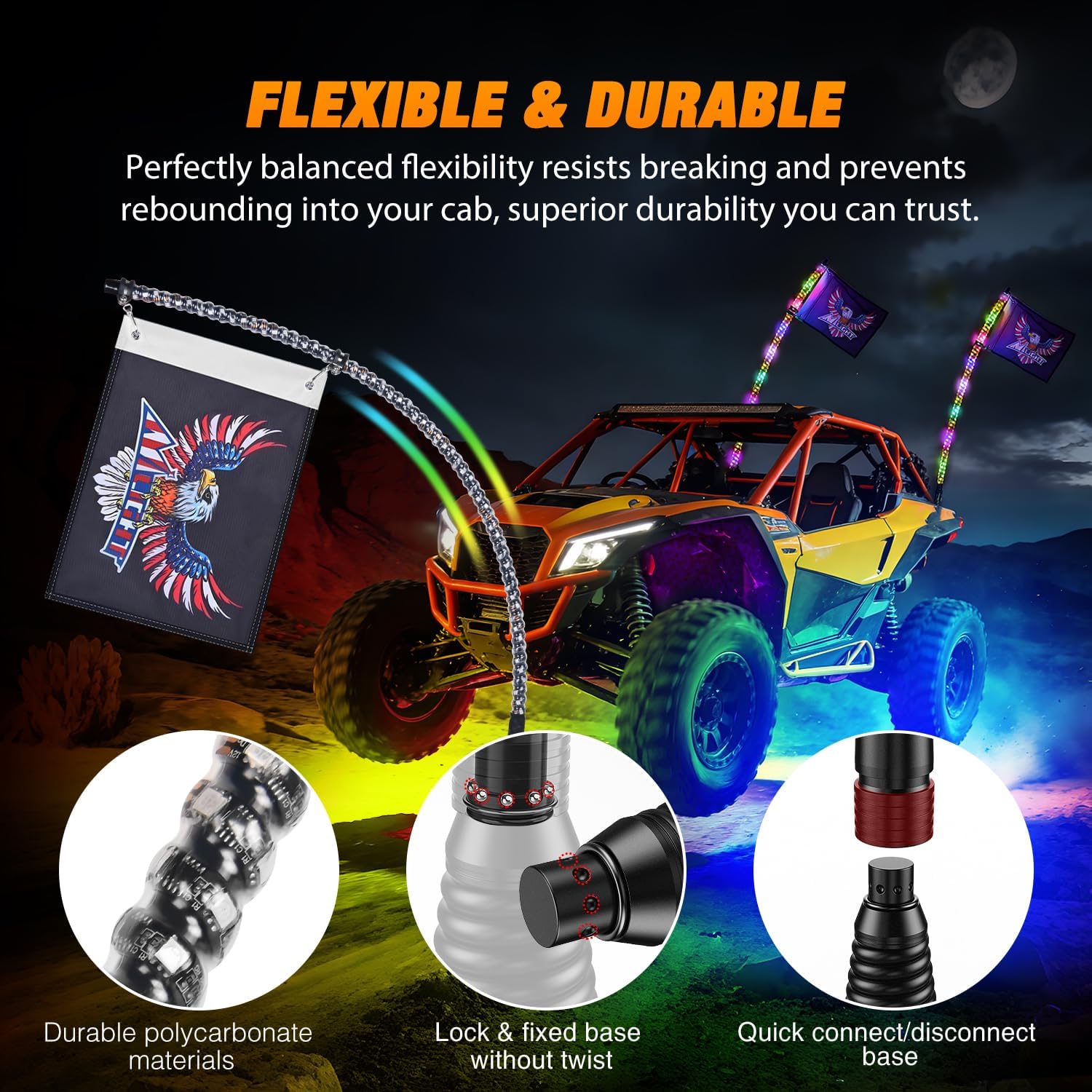 Nilight 2PCS 3FT RGB LED Whip Light with Spring Base and 8 PCS Rock Lights Combo, Remote App Control w/DIY Chasing Patterns Turn Signal Brake Reverse Antenna Lighted Whips for ATV UTV Polaris RZR Jeep