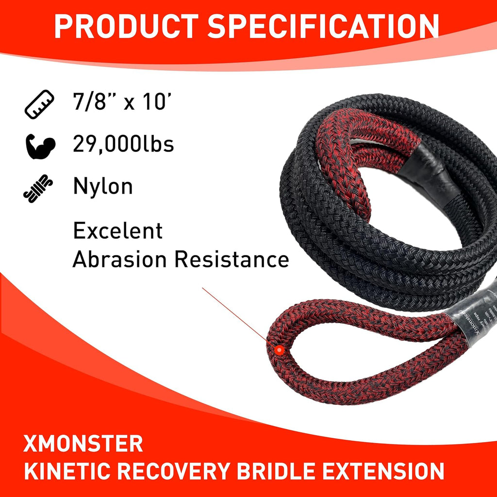 Kinetic Recovery Bridle Extension Rope 7/8'' x 10' (MBS 29,000 lbs) Two Recovery Points, black