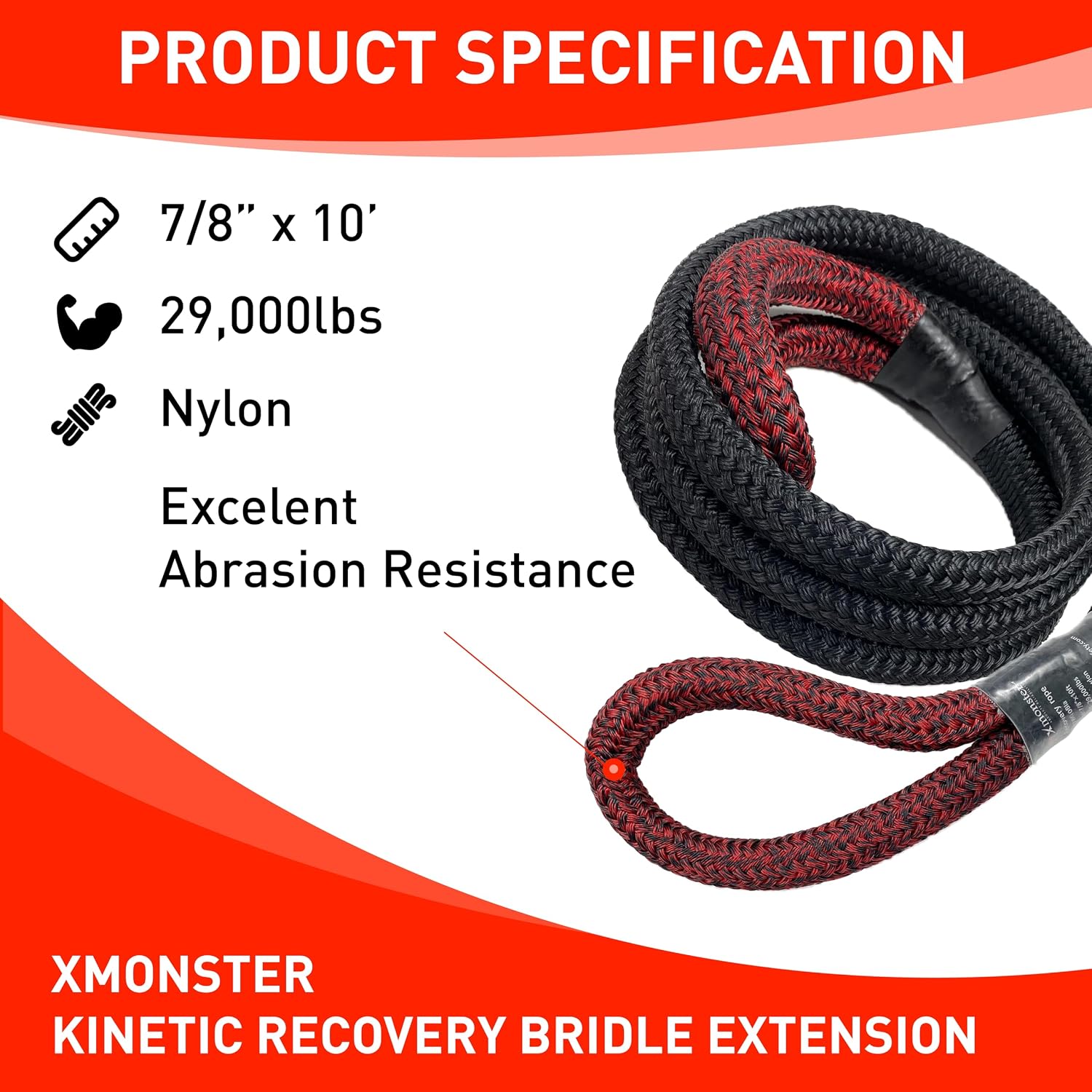 Kinetic Recovery Bridle Extension Rope 7/8'' x 10' (MBS 29,000 lbs) Two Recovery Points, black