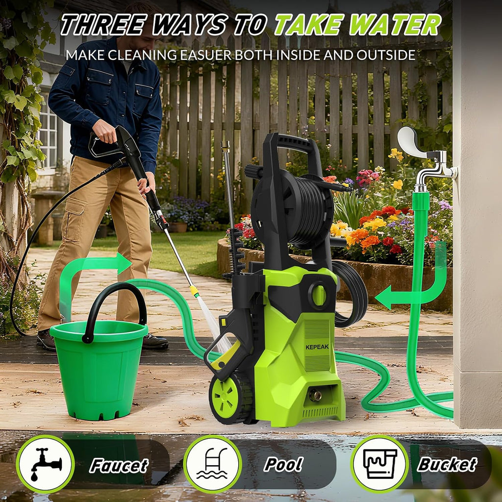 KEPEAK 5000PSI Portable PowerWasher with 4 Quick Connect Nozzles, Foam Cannon, 52ft Hose Reel, for Cars Fences Driveways Patios