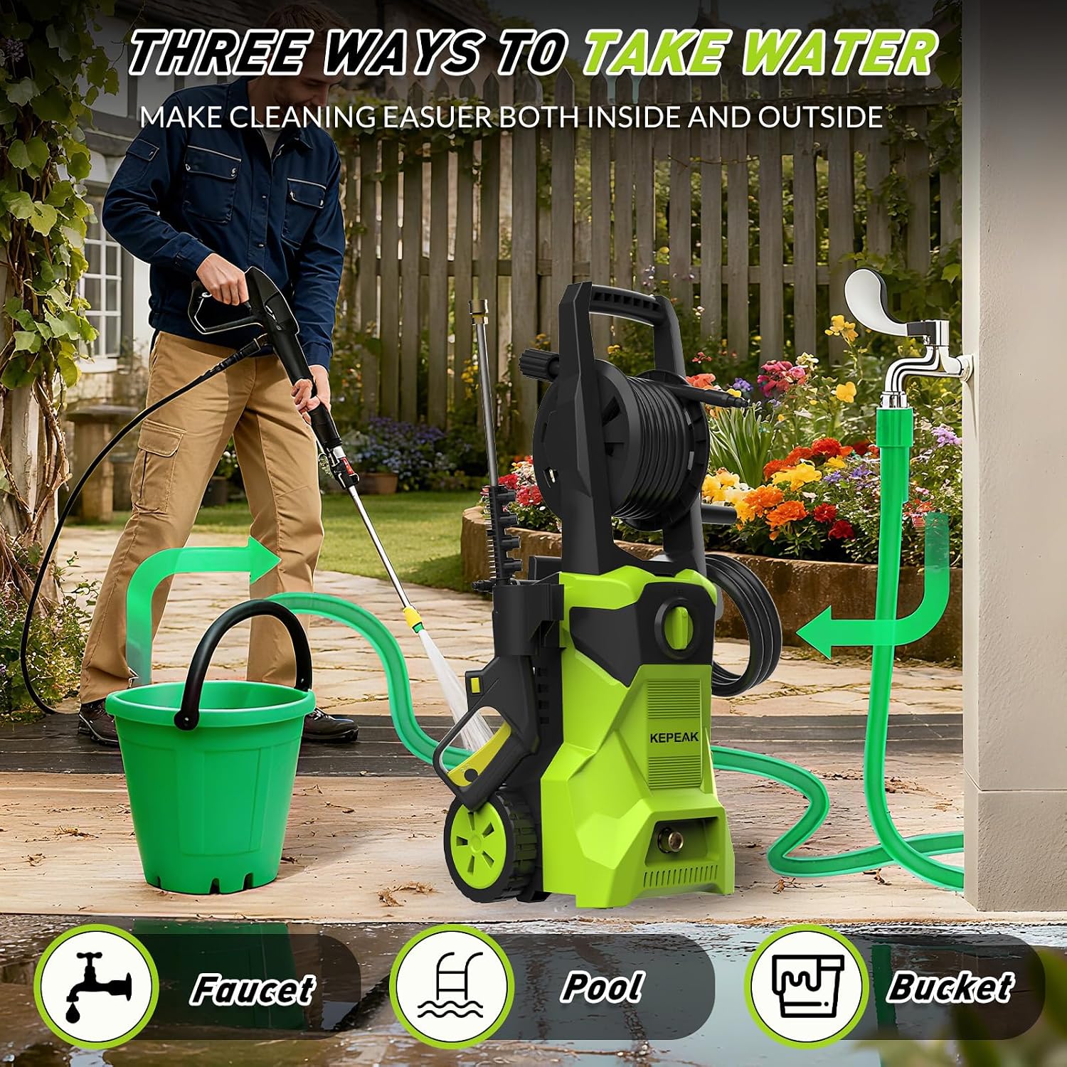 KEPEAK 5000PSI Portable PowerWasher with 4 Quick Connect Nozzles, Foam Cannon, 52ft Hose Reel, for Cars Fences Driveways Patios
