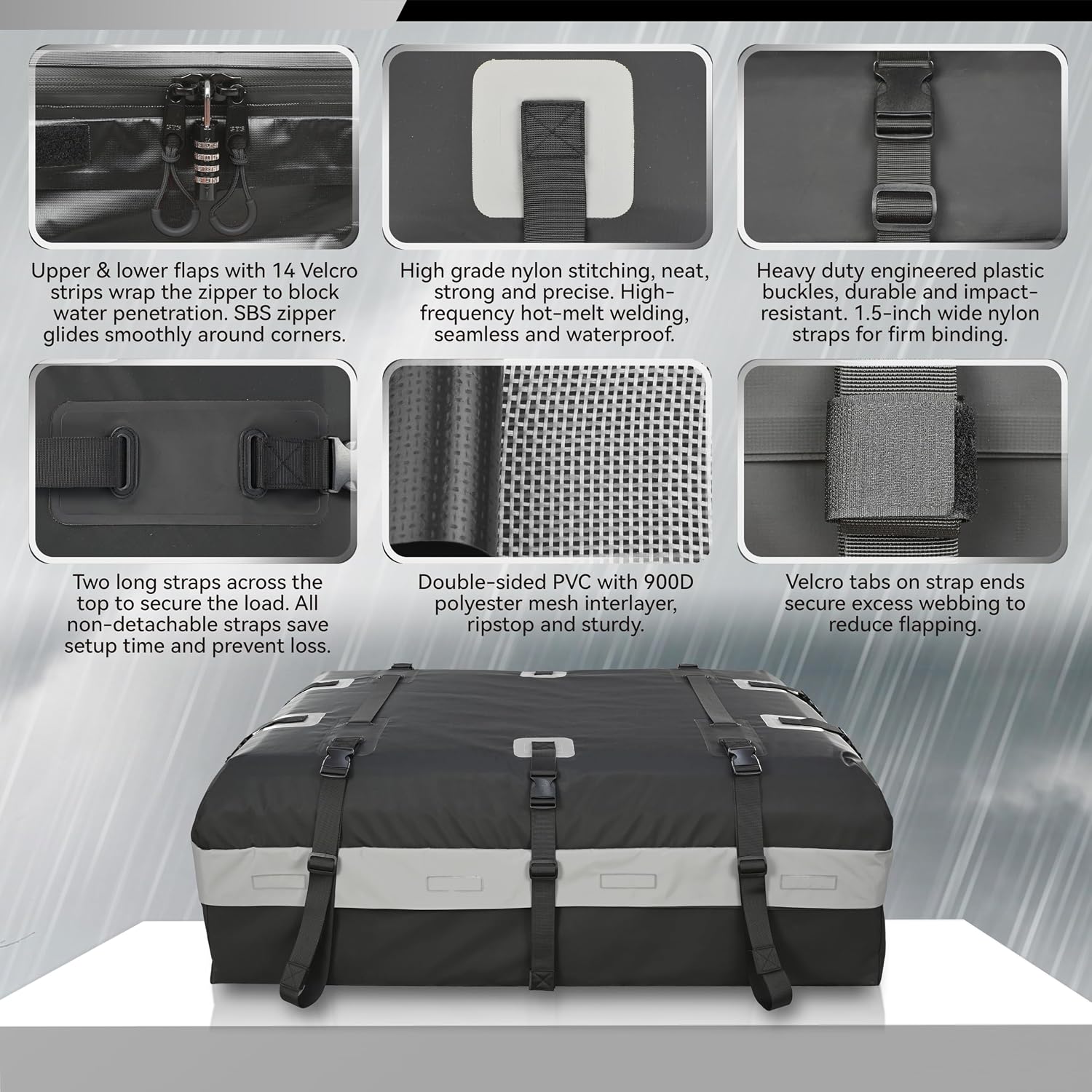 MARCHWAY Waterproof Car Roof Luggage Bag, Weatherproof Soft Shell Rooftop Cargo Carrier Bag for Vehicles with or Without Rack. 6 Door Hooks, Anti Slip Mat, Lock Included (21 Cubic Feet, Black)