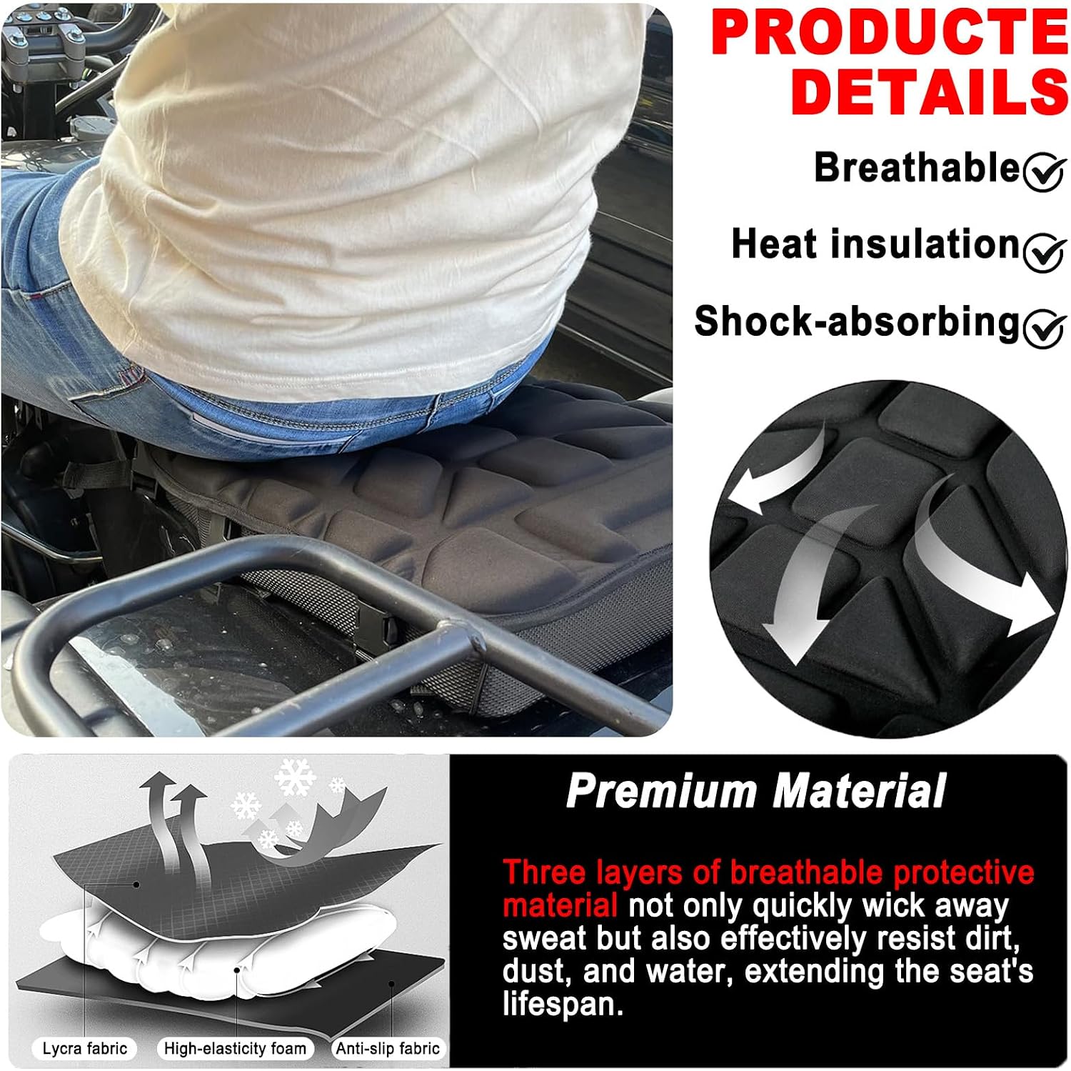 ATV Seat Cushion for Yamaha Grizzly 660 2004 2005 2006 2007 2008, Shock Absorbing Quad Bikes Seat Pad Protector, Thick Non Slip ATV Seat Cover Padded, Breathable Saddle Pad