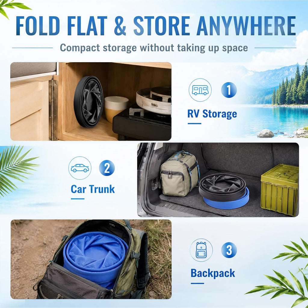 Mifoci 2 Pcs Collapsible Bucket 5 Gallon and 8 Gallon with Handle Portable Foldable Bucket for Camping Fishing Sturdy Leakproof Collapsible Cleaning Buckets for Car Wash RV Outdoor (Black,Dark Blue)