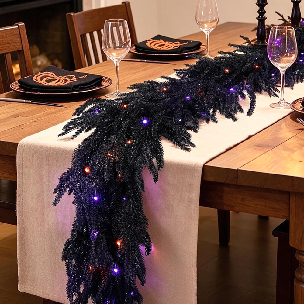 9FT Soft Touch Black Norfolk Pine Halloween Garland with Timer Lights