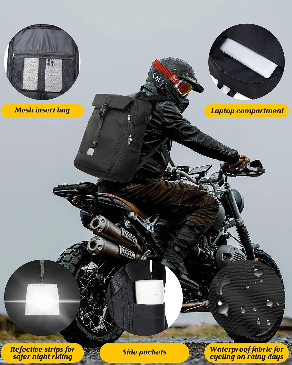 Helmet Backpack for Motorcycle Riders, Waterproof Large Capacity Backpack with Holder, Helmet Bag for Storage Hiking Cycling, Motorcycle Backpacks Motorcycle Riders Accessories for Men Women Black