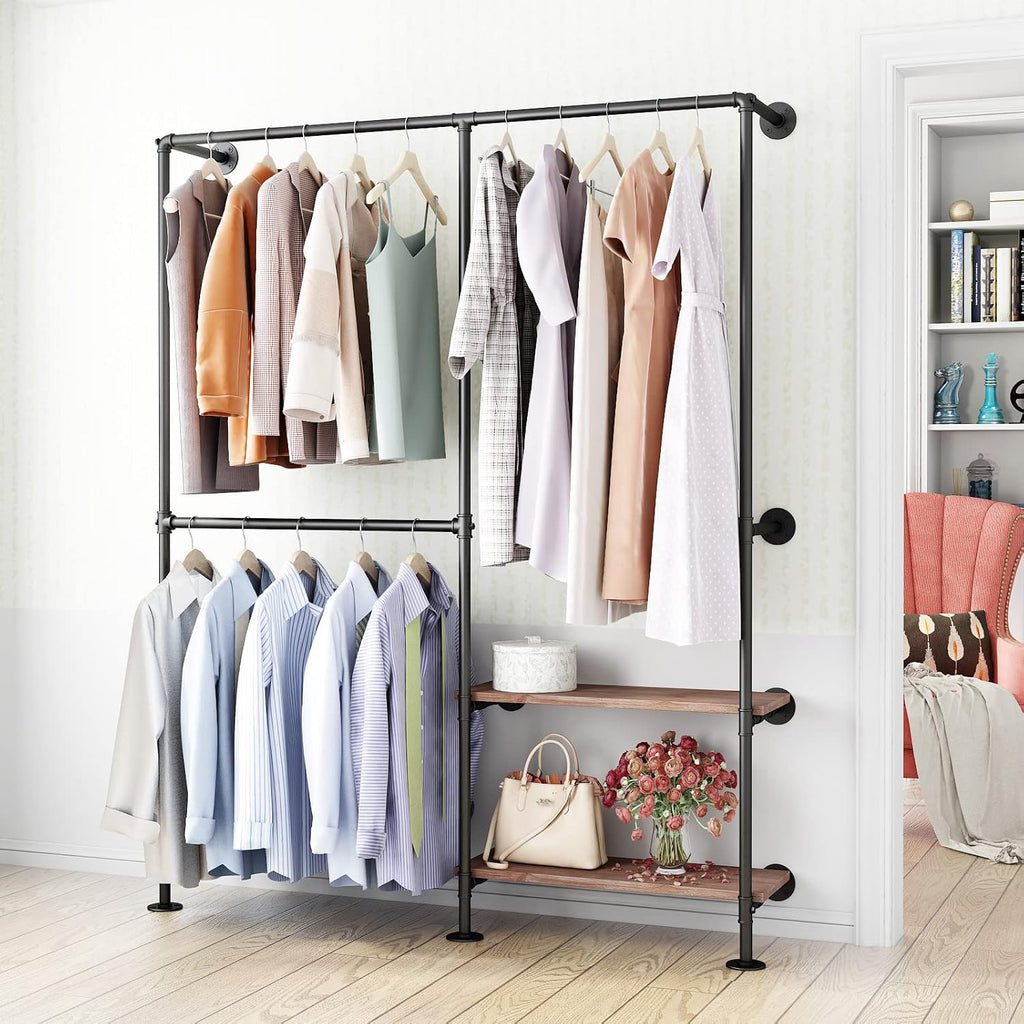 industrial pipe clothes racks with black shelves, industrial, main product view