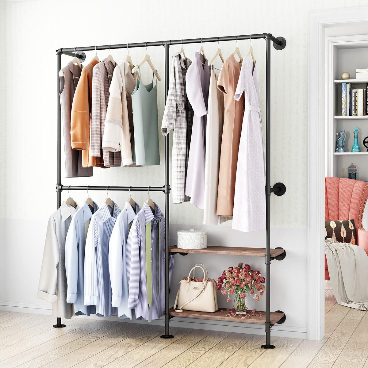 industrial pipe clothes racks with black shelves, industrial, main product view