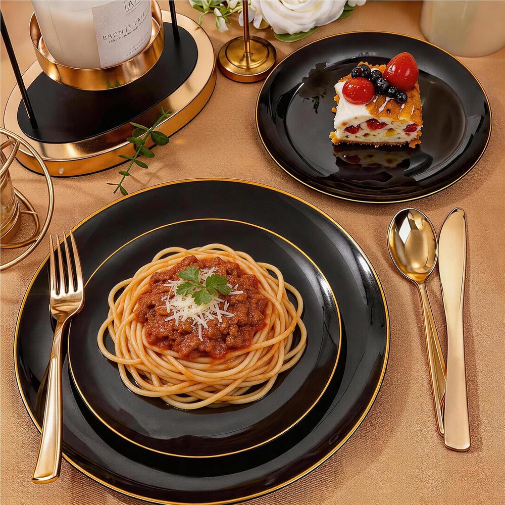 YOUBET 125PCS Black Plastic Plates with Gold Rim for Halloween
