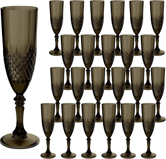 Plastic Champagne Flutes, 24PCS Black Wine Glasses Goblets Cups Reusable Flute, for Halloween Weddings Bachelor Parties Toasting and Events (24, Black)
