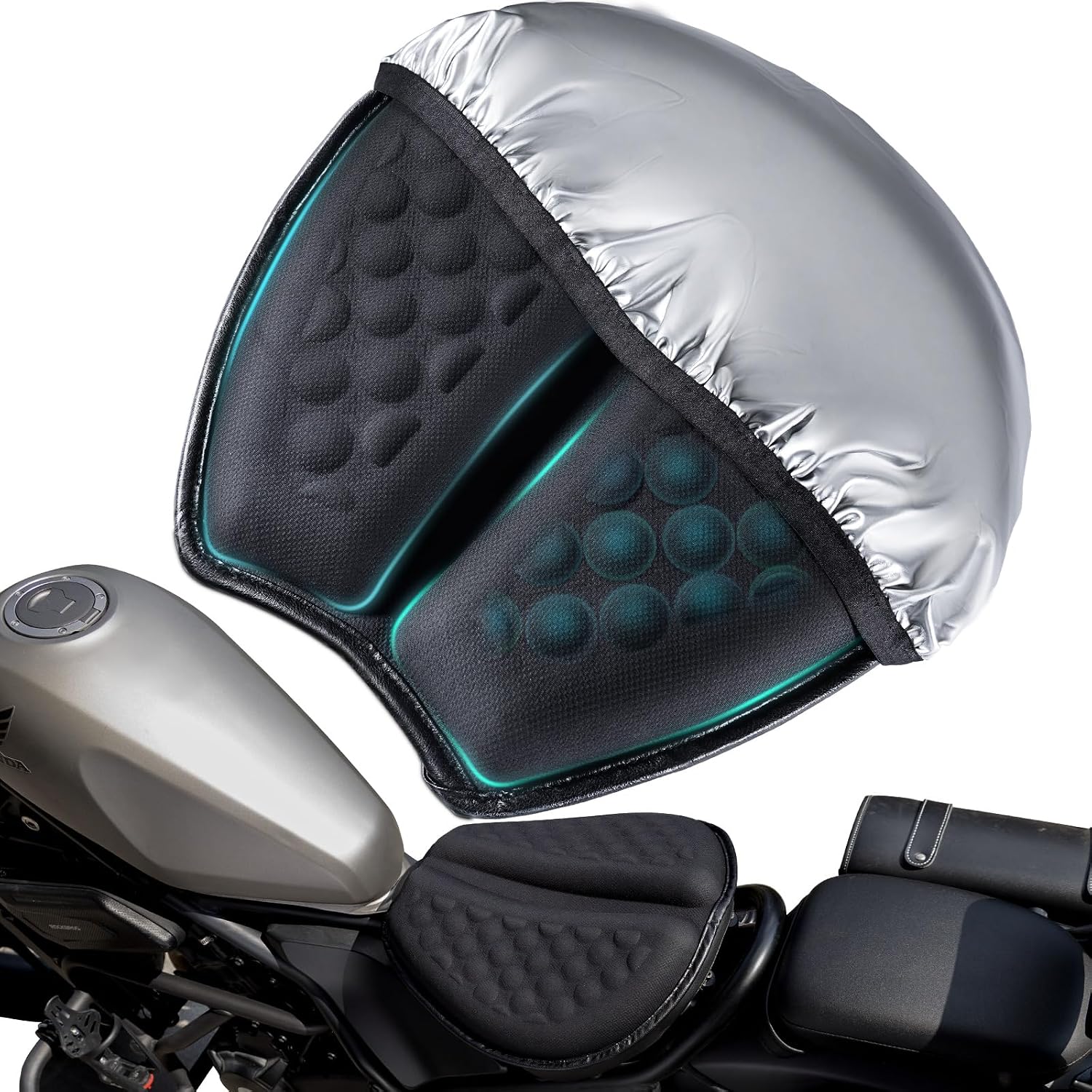 Foldable Motorcycle Gel Seat Cushion with Sunshade Cover – 3D Dome-Shaped Shock Absorption Seat Pad, Comfort & Butt Protection for Long Rides, Stay Cool & Comfortable