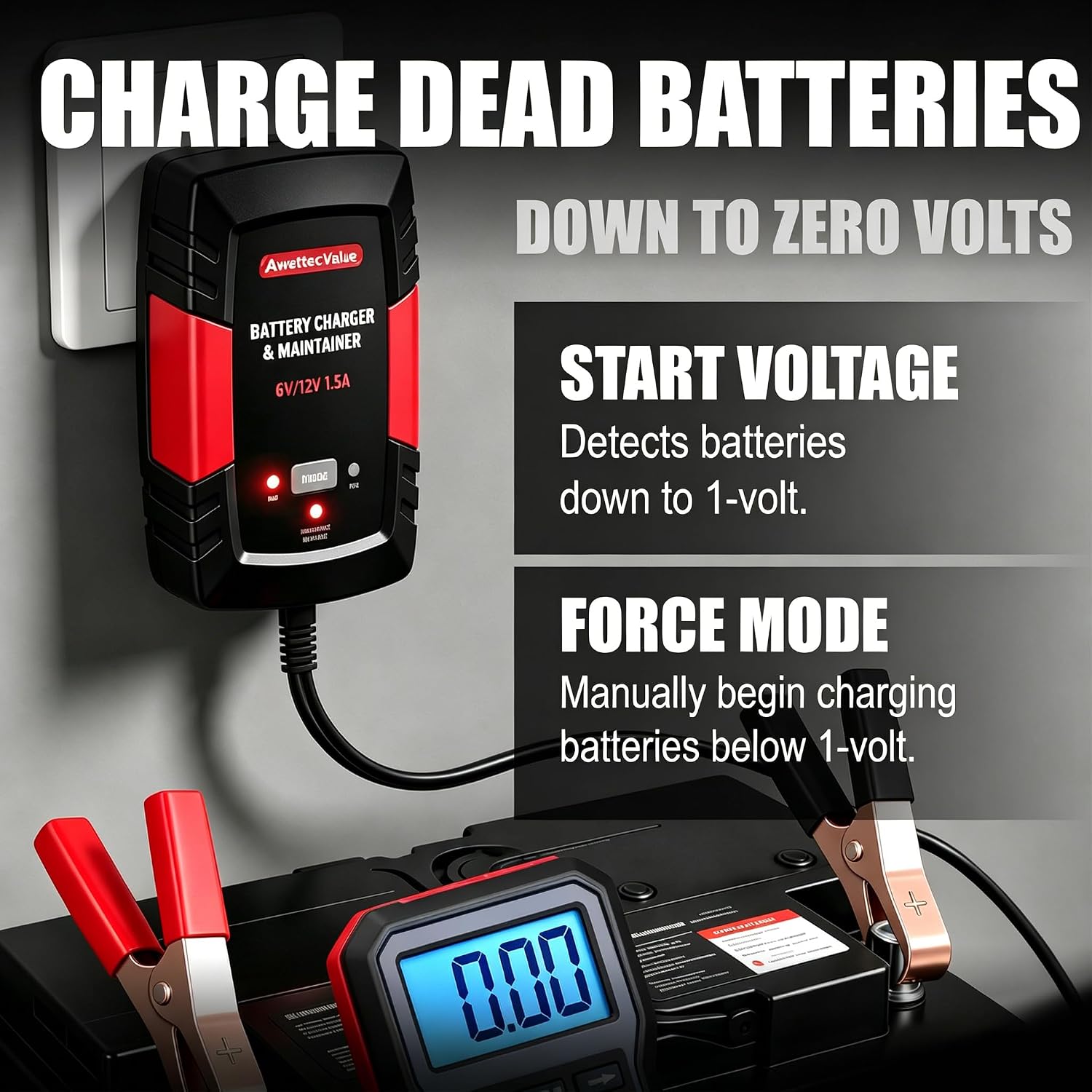 Smart Car Battery Charger,1.5A 6V/12V Maintainer,Automatic Tender Trickle Charger with Memory Function,LED Light,12FT Cables for Vehicle Lead-Acid & Lithium Batteries (Red)