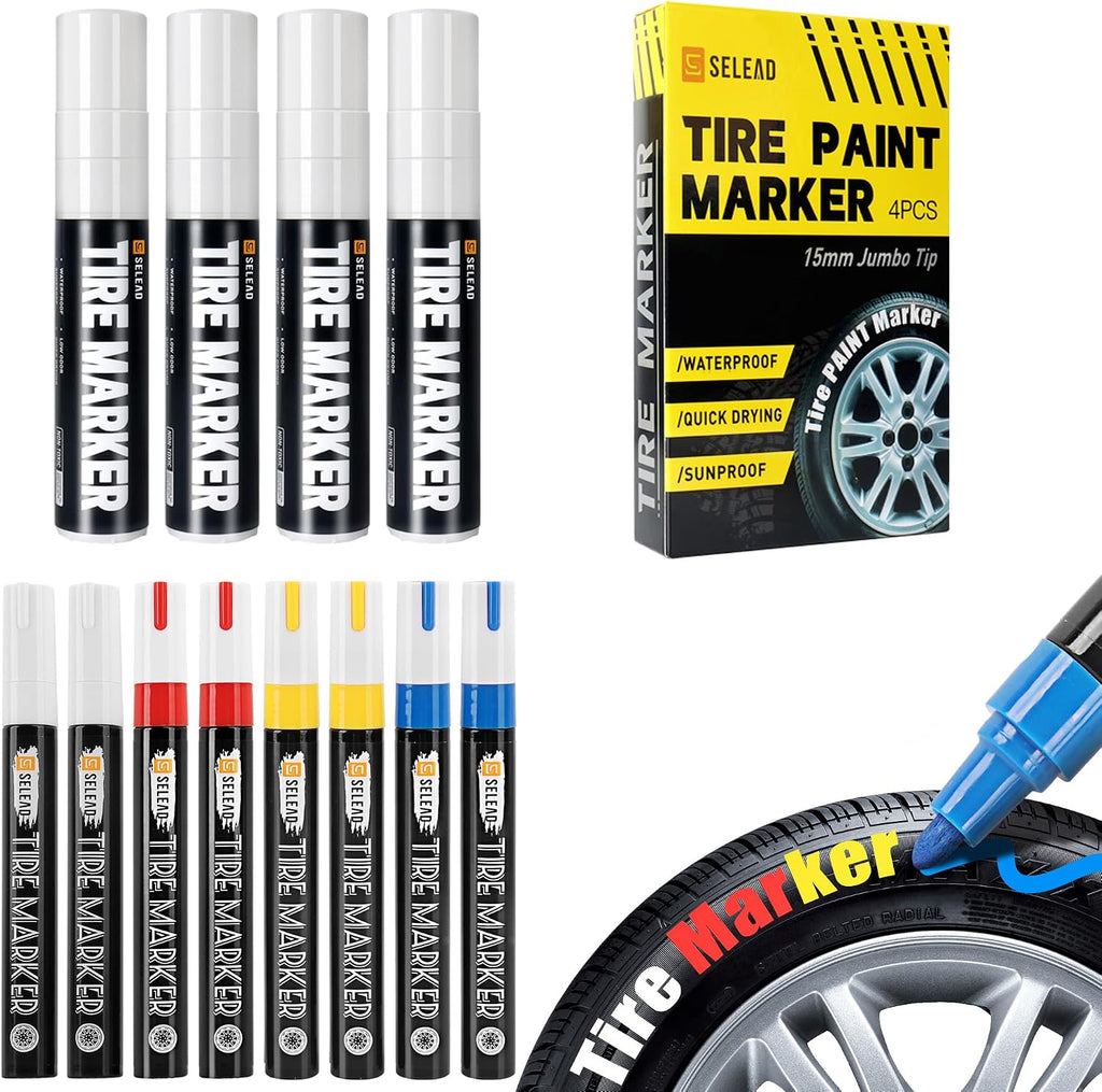 SELEAD 8-Pack White Red Yellow Blue Medium Tip Tire Markers + 4-Pack White Jumbo Wide Tip Tire Paint Pens for Car Tires Lettering
