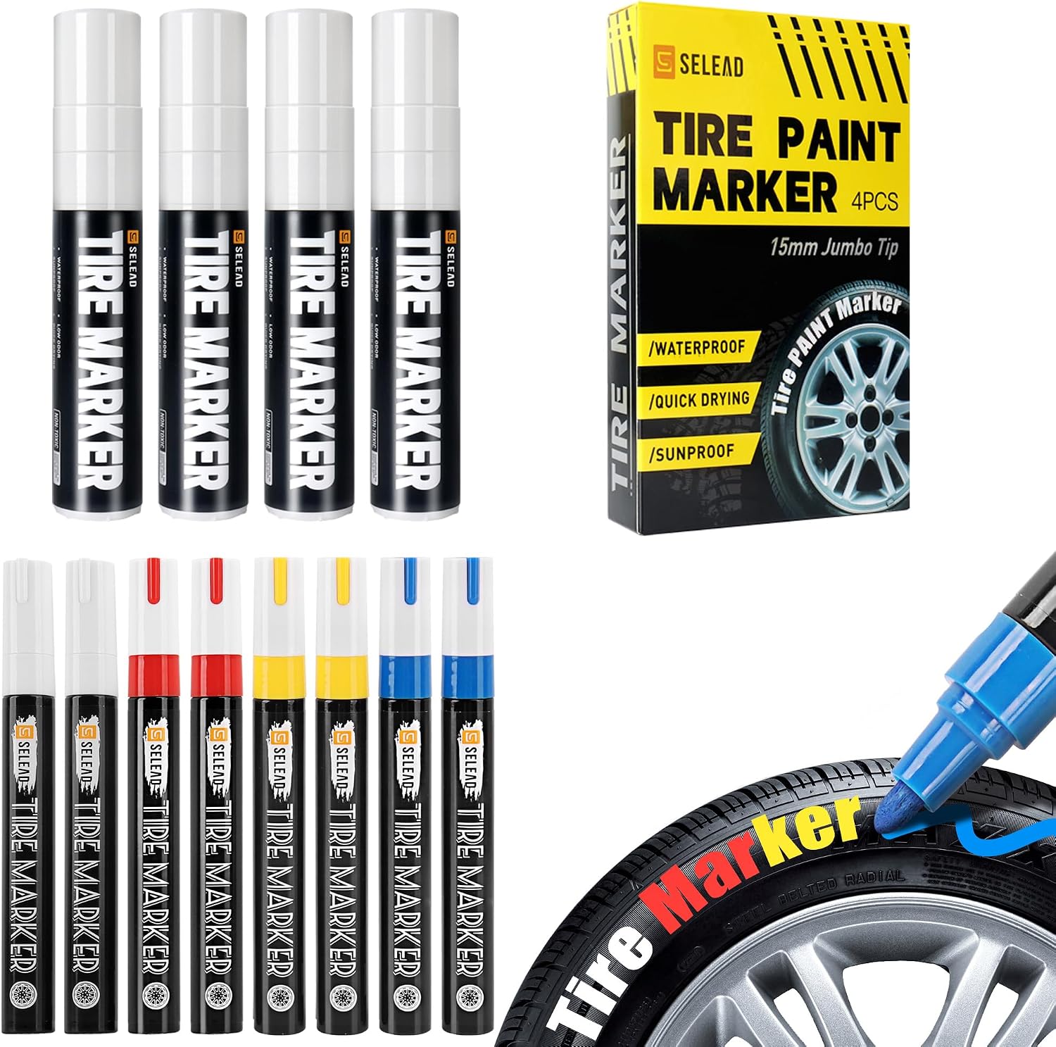 SELEAD 8-Pack White Red Yellow Blue Medium Tip Tire Markers + 4-Pack White Jumbo Wide Tip Tire Paint Pens for Car Tires Lettering