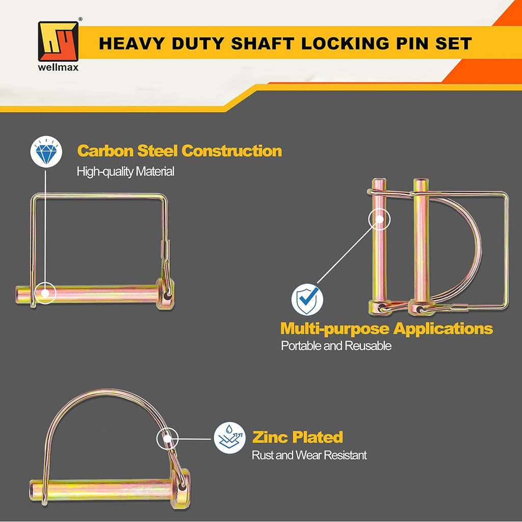 Wellmax 20 Pcs Trailer Hitch Pin in 1/4", 5/16" and 3/8" Diameter Zinc-Plated Heavy Duty Shaft Locking Pin, Trailer Pin for Trailer Lock and Hitch Pin Lock for Farm Lawn Garden Wagons, Gold Color