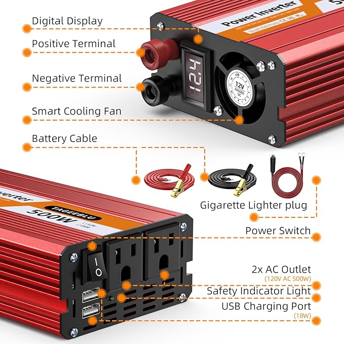 500W Power Inverter DC 12V to 110V/120V AC Car Inverter - Image 9