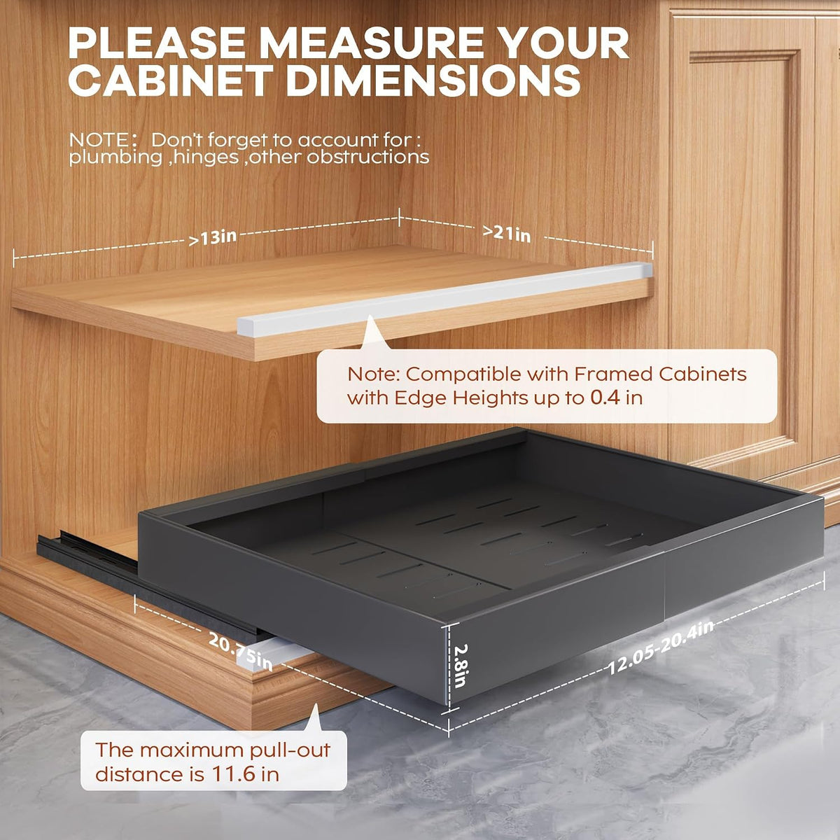 seinloes 2pack expandable pull out cabinet organizer 21"deep, side view