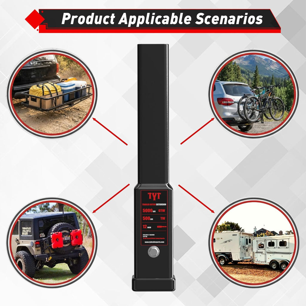 TYT 12" Trailer Hitch Extension for 2 inch Receiver Tube Extender，Includes 2 Sets of 5/8" Premium Hitch Pin, 5000 lbs GTW / 500 lbs TW