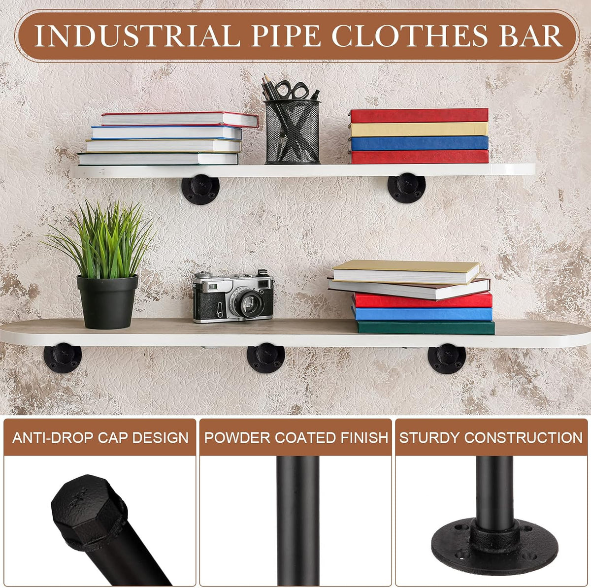 hoteam set of 12 industrial pipe shelf brackets, close-up detail