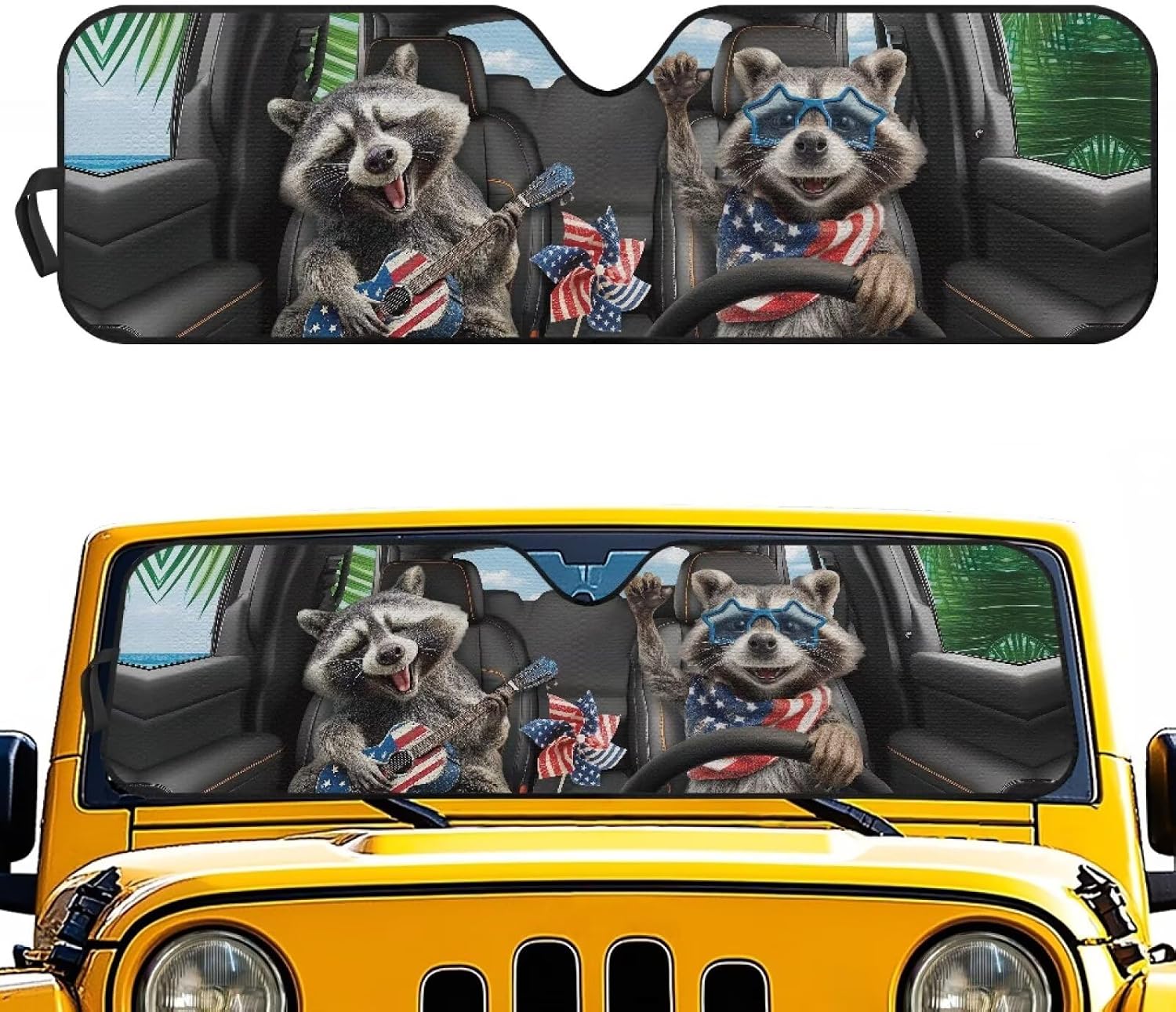 Tuoxiukan Raccoon Car Windshield Sun Shade for 2007-2023 Wrangler Rubicon Sahara TJ JK JKU 2 & 4 Door Funny Sun Shade Car Window 52x16 UV Blocking Automotive Interior Accessories