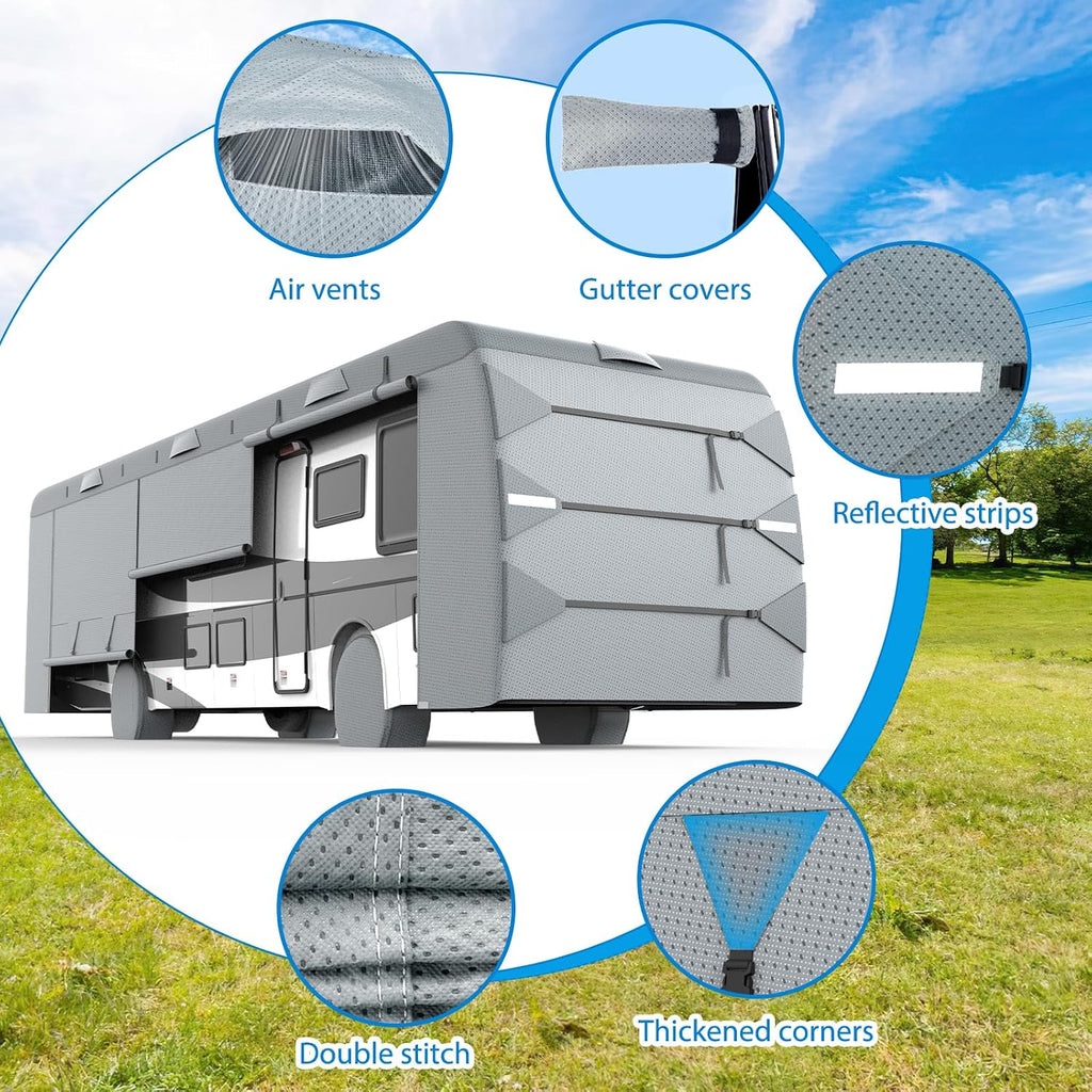 Mofeez Class A RV Cover, Heavy Duty Camper Cover 31-34ft, Extra-Thick 7 Layer Windproof Anti-UV Rip-Stop Class A Motorhome Cover with 2Pcs Extra Straps, 6 Gutter Covers & 4 Tire Covers