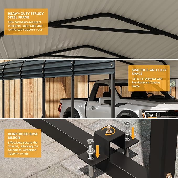 12 x 20 FT Metal Carport with Galvanized Steel Roof, Heavy Duty Metal Roof - Image 3