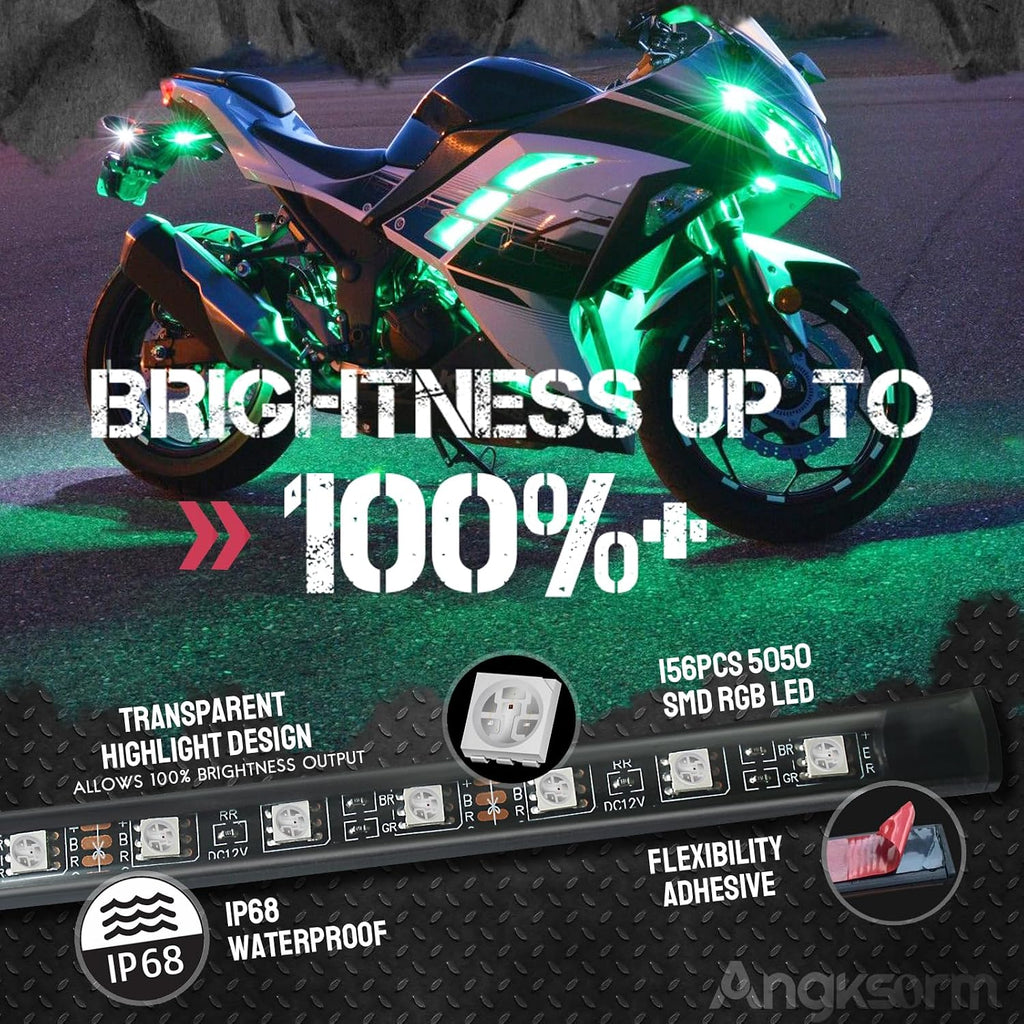 8pcs Motorcycle Underglow LED Strip Light Kit Waterproof RGB Neon Accent Light Ground Effect Atmosphere Light Strips DC 12V with APP & Handle Switch Control for Motorbike Trikes Golf Carts ATVs UTVs