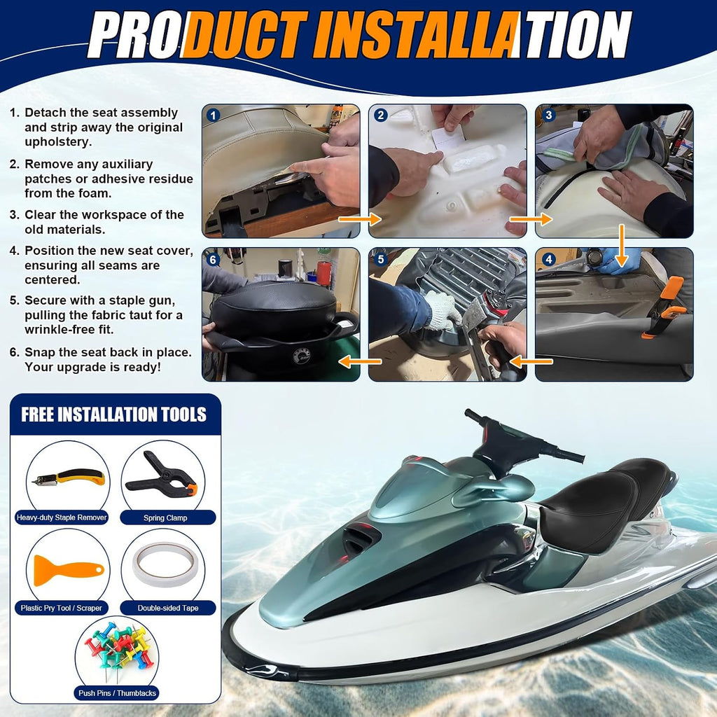 Seat Cover Replacement for 2000-2002 SeaDoo GTX DI/RFI | 3-Layer Custom Fit Faux Leather: Waterproof, Filter Inner, Tough Base. Staple Install (Basic Setup Kit Included)