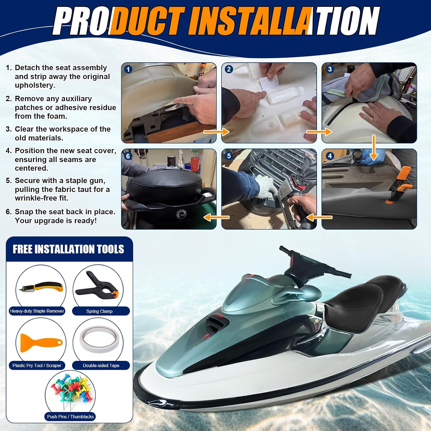 Seat Cover Replacement for 2000-2002 SeaDoo GTX DI/RFI | 3-Layer Custom Fit Faux Leather: Waterproof, Filter Inner, Tough Base. Staple Install (Basic Setup Kit Included)