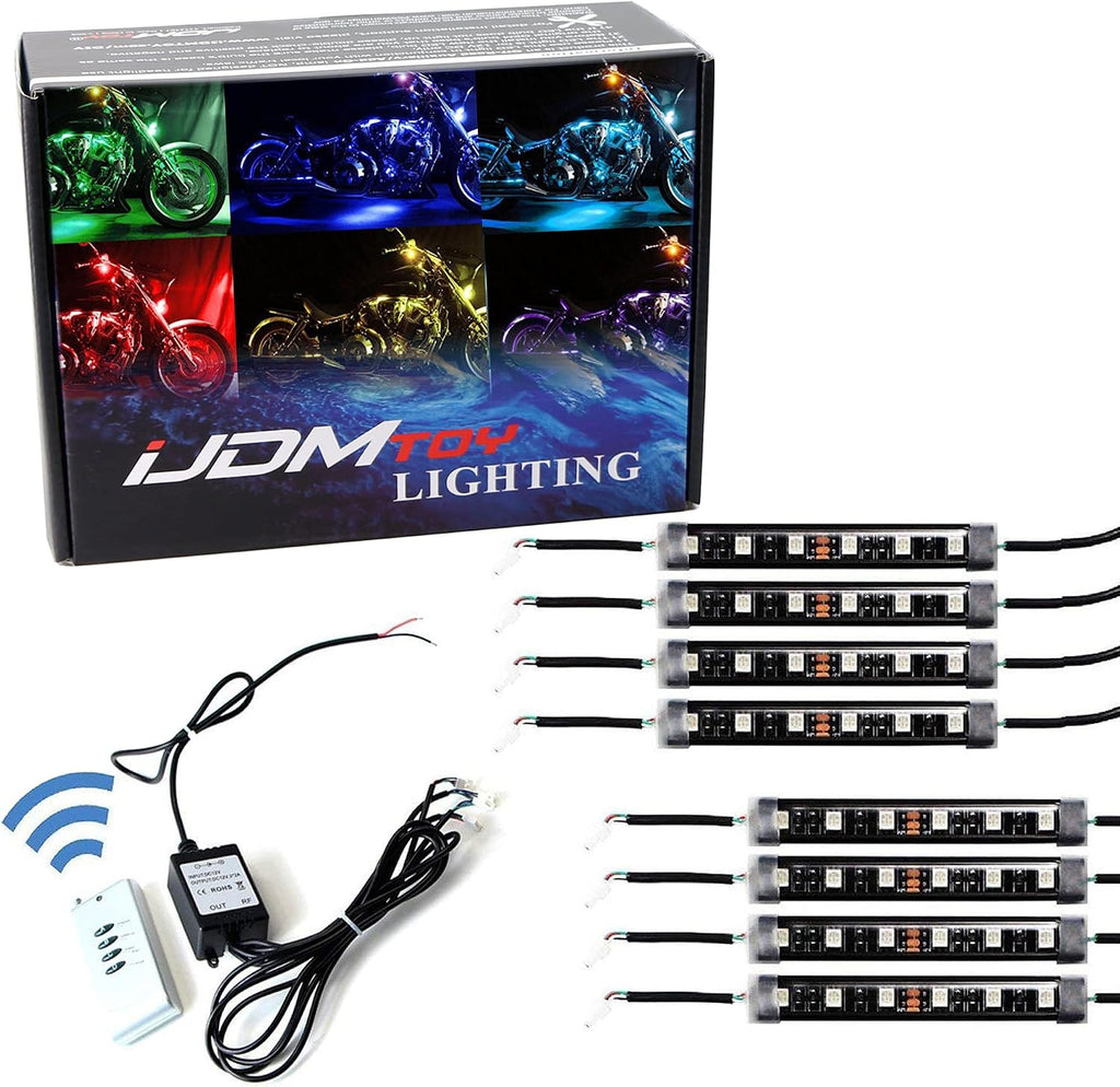 iJDMTOY 8pc Motorcycle Underglow LED Strip Light Kit RGB Neon Accent Light Ground Effect Atmosphere Lighting Kit for Motorbike Trikes Golf Carts ATVs UTVs Decoration