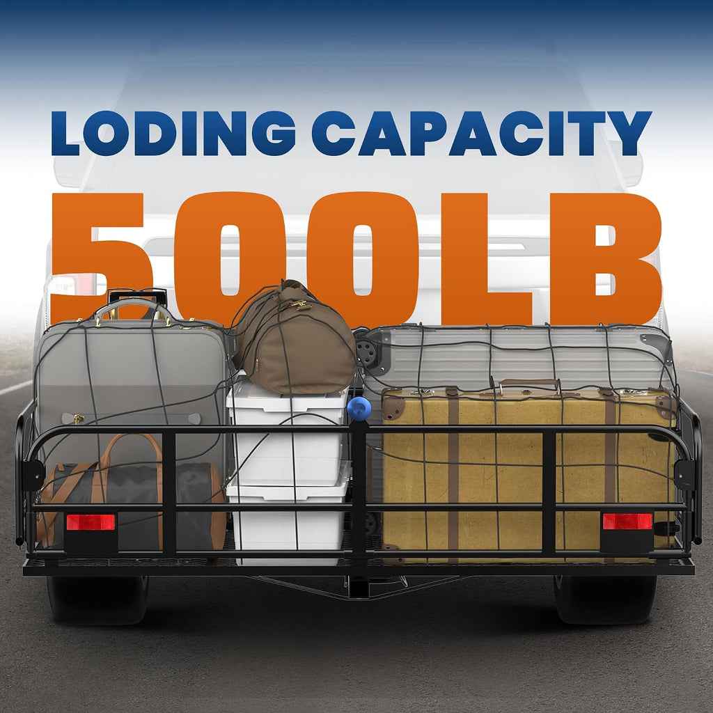 KUIPERAUTO 60" x 24" x 14" Folding Rack Hitch Mount Cargo Carrier 500 Lbs, 2" Hitch Receiver, Button Lock Luggage Basket Heavy Duty Hitch Rear Trailer Cargo Rack Compatible for SUV Truck Pickup