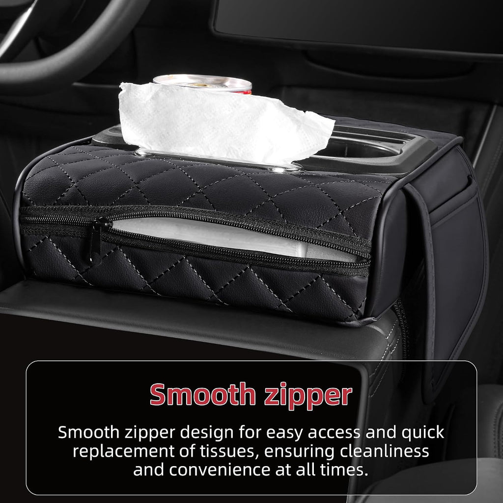 5 in 1 Nappa Leather Console Armrest Cover, Black | Built-in cup holder, tissue slot, phone holder & 2 storage pockets, practical car accessories fit SUV sedan truck