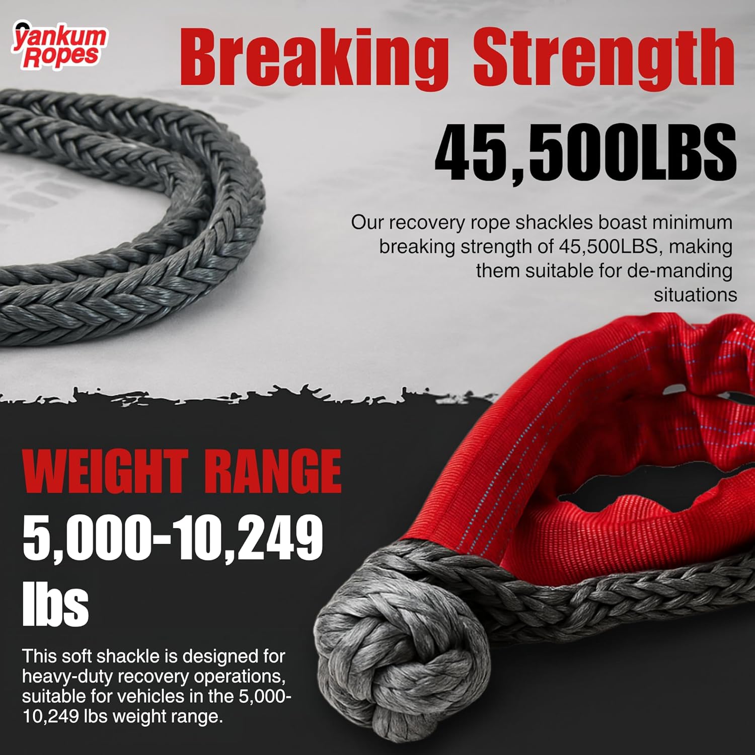 Yankum 7/16" Soft Shackle with Red Chafe Sleeve - Synthetic Recovery, Heavy Duty Tow Shackle, Soft Shackles for Towing, Off-Road Recovery Gear, Made in USA