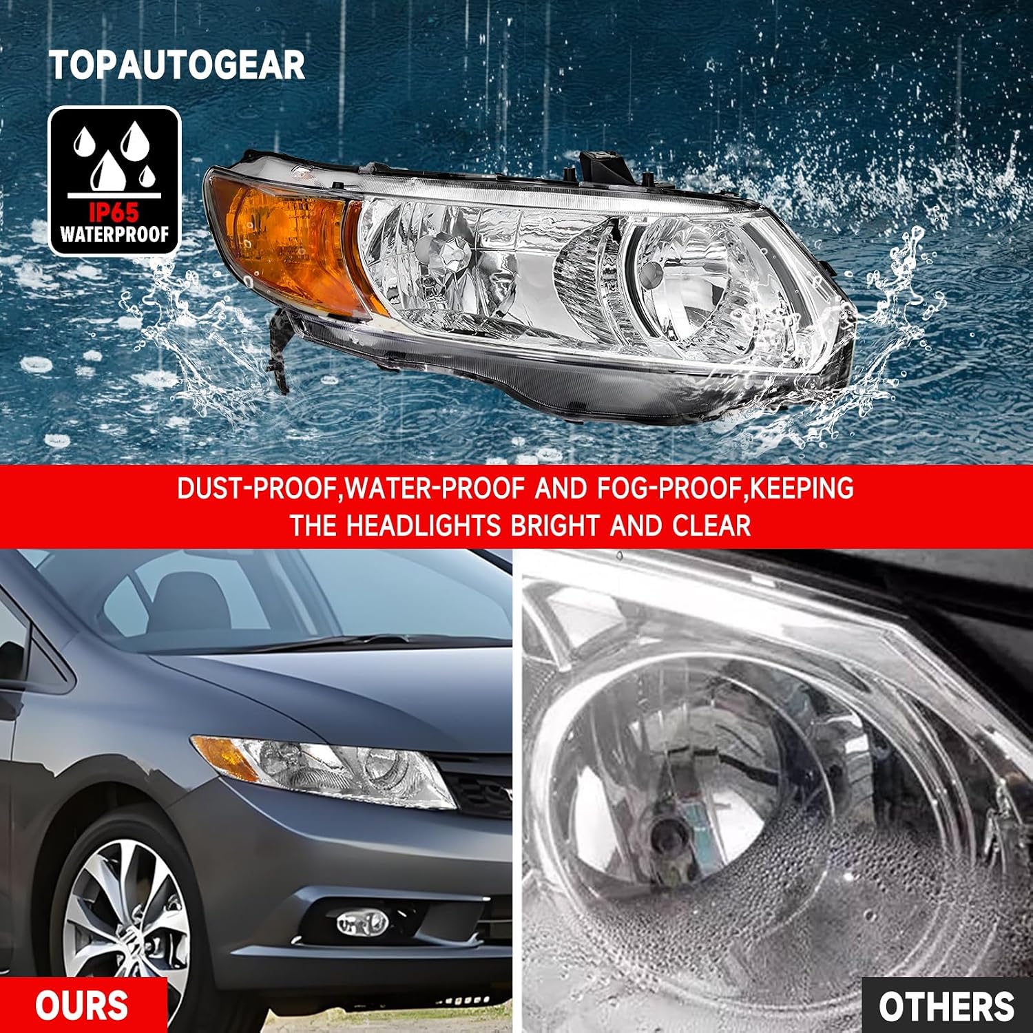 AS Headlight Assembly For 2006 2007 2008 2009 2010 2011 Honda Civic 2-Door Headlight With Amber Reflector Headlamp Replacement And Good Sealing With Chrome Housing
