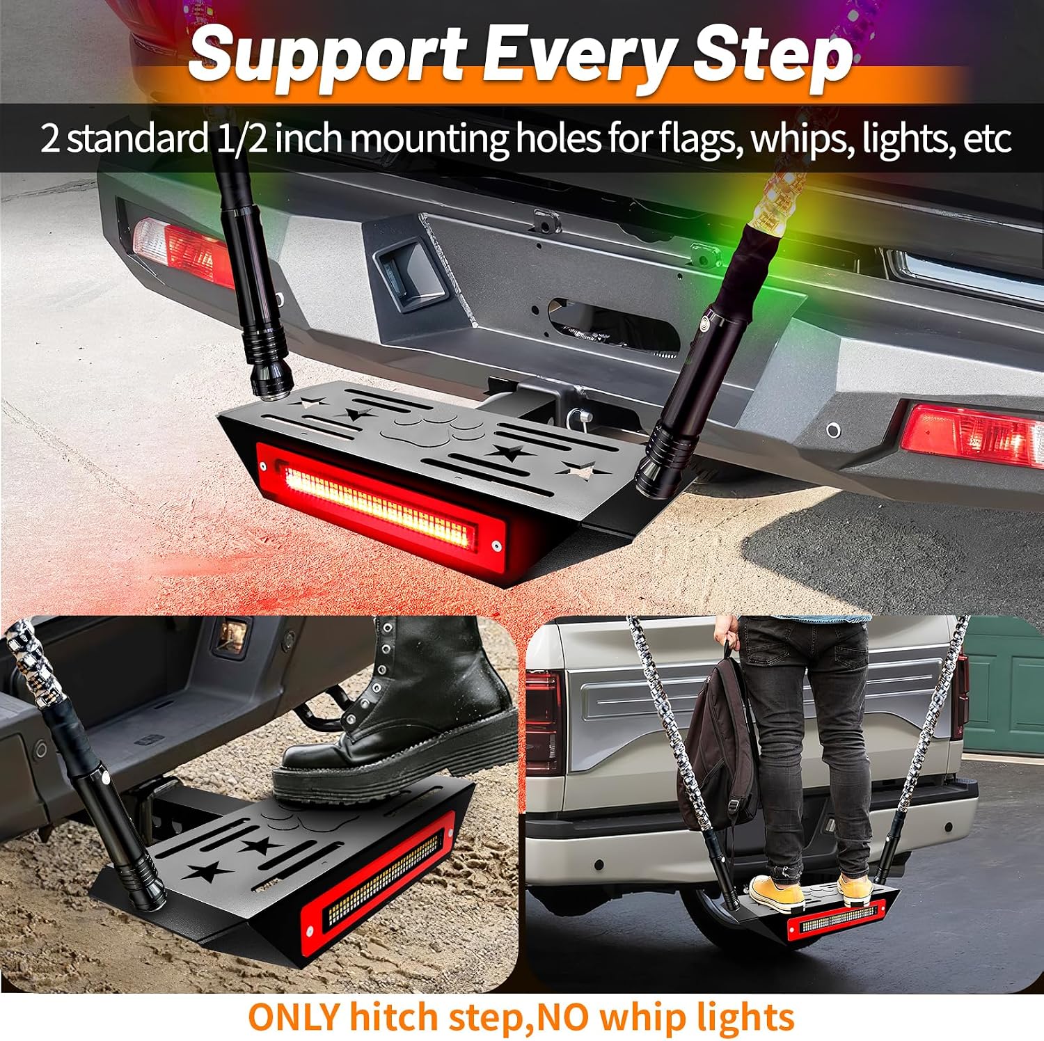 Hitch Step with Light and Whip Mount Holes, 108 LED Brake Lighting(6 Mode) Fit 2" Receiver Steel Construction Powder Matte Coated for Trucks Chevy Ford Toyota GMC Dodge RAM Jeep ATVs SUVs Vans