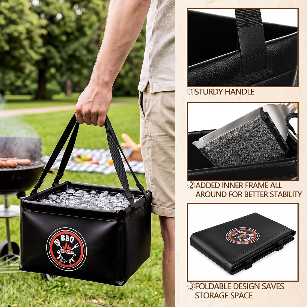 Mifoci Black 15L Grill Brush Water Bucket Dunk Tank, Large Capacity Square Foldable Collapsible Cleaning Bucket with Support Frame for BBQ Grill Tool Cleaning, Camping and Outdoor Use