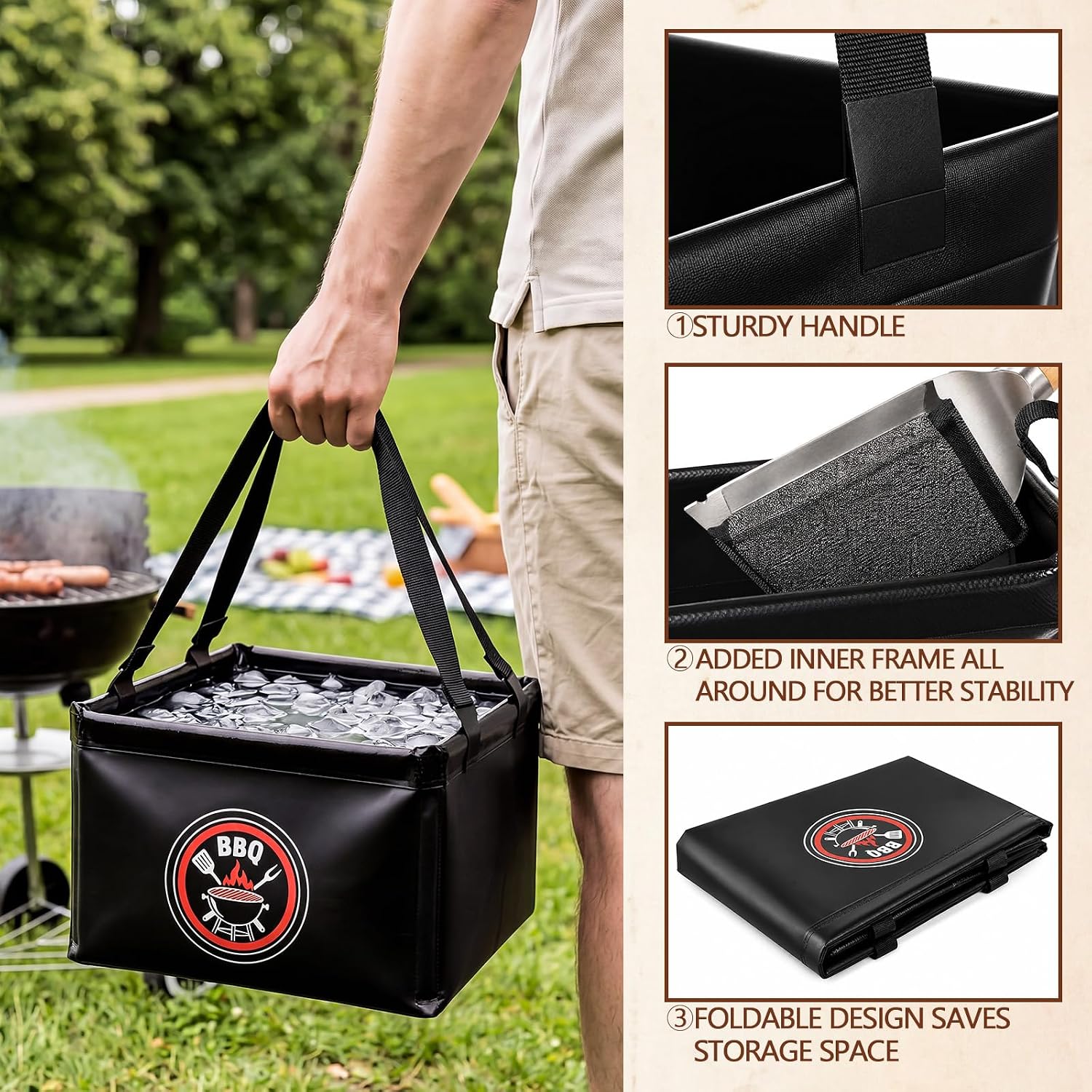 Mifoci Black 15L Grill Brush Water Bucket Dunk Tank, Large Capacity Square Foldable Collapsible Cleaning Bucket with Support Frame for BBQ Grill Tool Cleaning, Camping and Outdoor Use