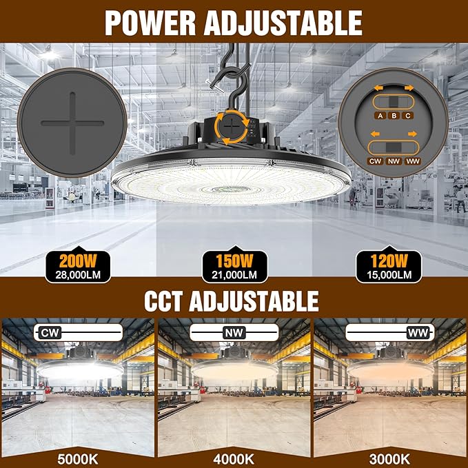 480V UFO LED High Bay Light 200W 150W 120W Adjustable, UL DLC Listed Dimmable - Image 3
