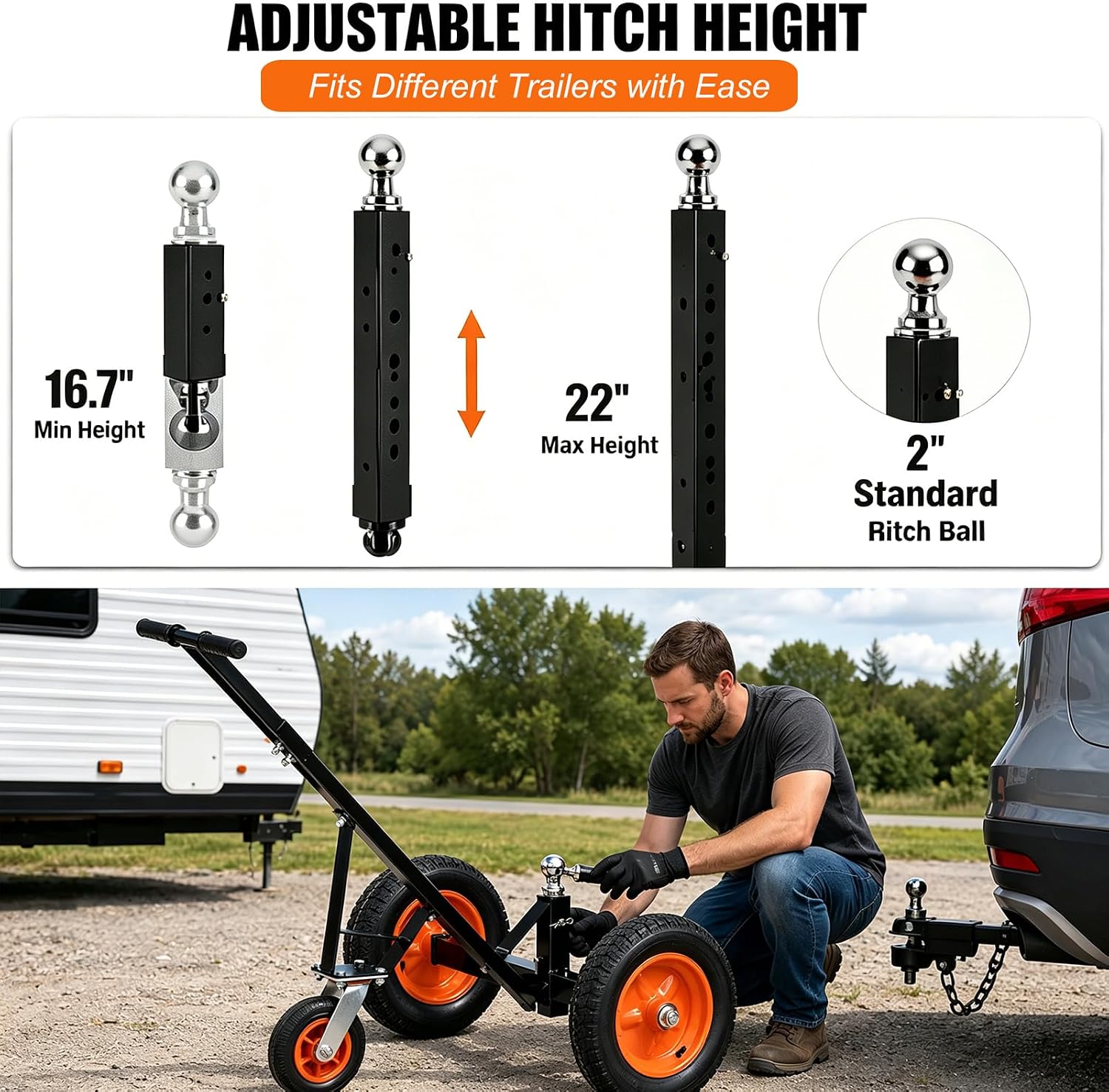 1000LBS Heavy Duty Manual Trailer Dolly,14" Pneumatic Tires | Adjustable Height Trailer Mover with 2" Hitch Ball,Portable Trailer Handling tug for Boat Camper RV & Utility Trailer