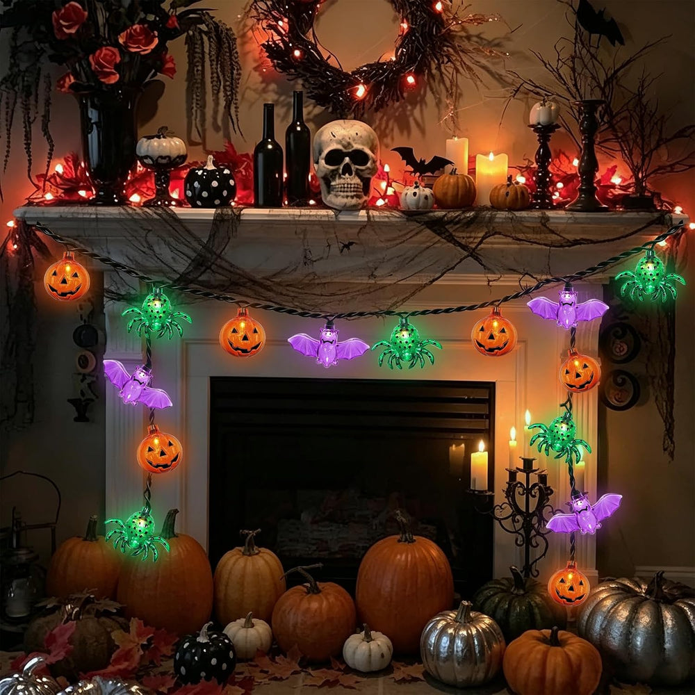 Couah Halloween Pumpkin Bat Spider LED String Lights, 12Ft Jack O Lantern Lig...