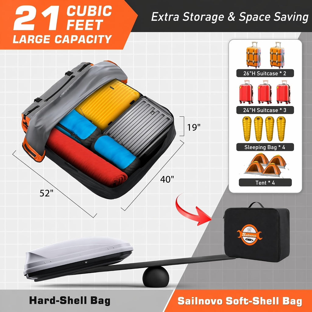Sailnovo Rooftop Cargo Carrier Bag 21 Cubic, 1000D PVC Waterproof Vehicle Soft-Shell Carrier for Cars with/Without Roof Rack, Car Roof Storage Includes Anti-Slip Mat,10 Reinforced Straps, 6 Door Hooks