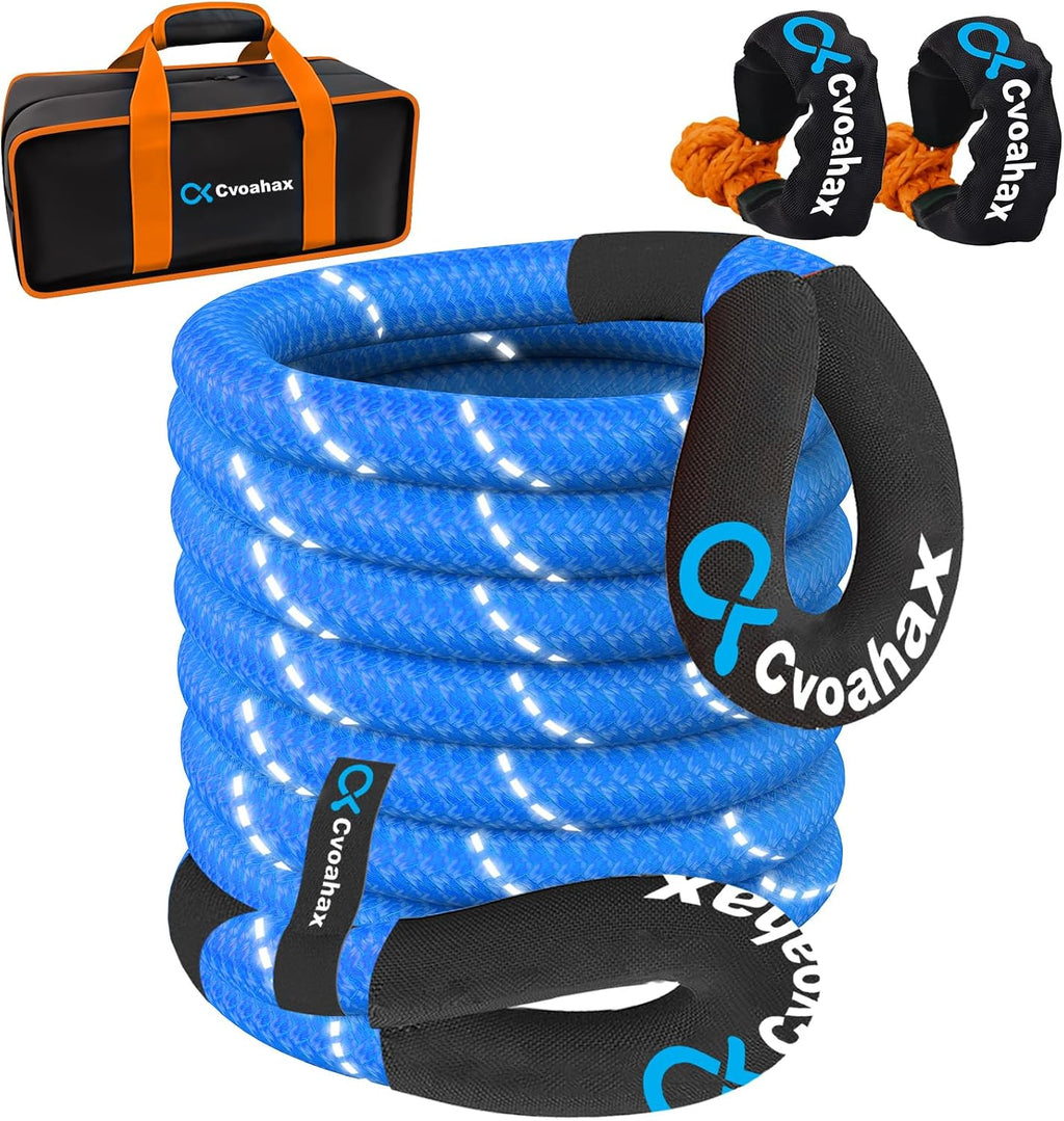 Kinetic Recovery Rope(Reflective) 1" x30ft Tow Rope with Soft Shackle | 48500LBS Heavy Duty Stretch Nylon & Extreme Duty 35% Elasticity Energy Snatch Strap for Trucks SUV UTV ATV Car, Blue